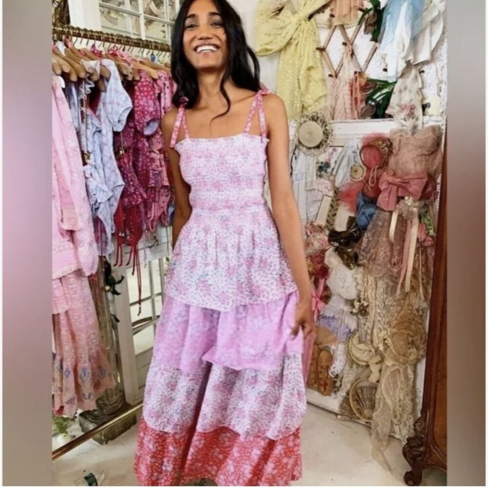 LOVESHACKFANCY Caressa Floral Print Tiered Sundress Pink Small NWT $395 - Picture 9 of 9